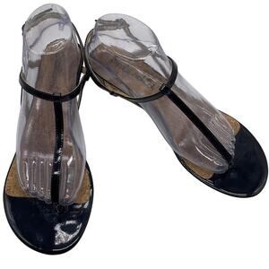 Splendid Black Patent Leather Strappy Cork Wedge Sandals SZ 10